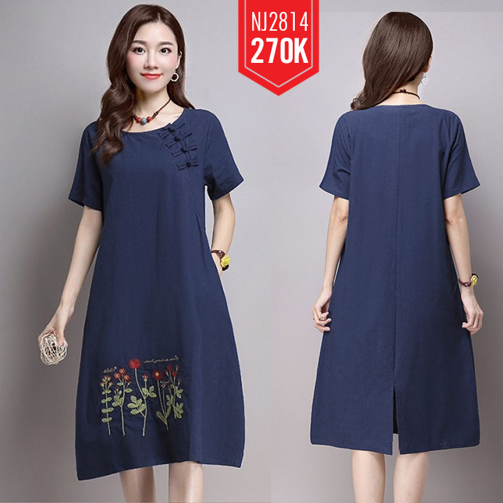 ĐẦM JEAN SUÔNG FORM A ĐÍNH NÚT TÀU THÊU HOA - NJ2814